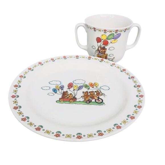 Lefton China New Mommy Double Handle Cup and Saucer Colorful Baby Bears Balloons - Picture 3 of 16